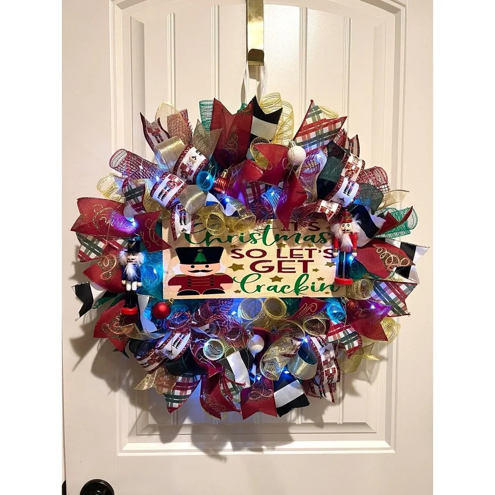 Christmas Nutcracker Holiday Ribbon Door Wreath Handmade 22 ins LED W3